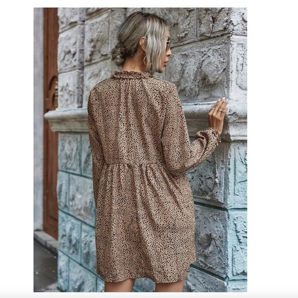 SHEIN Dalmatian Print Tie Neck Smock Dress Khaki - Picture 2 of 15